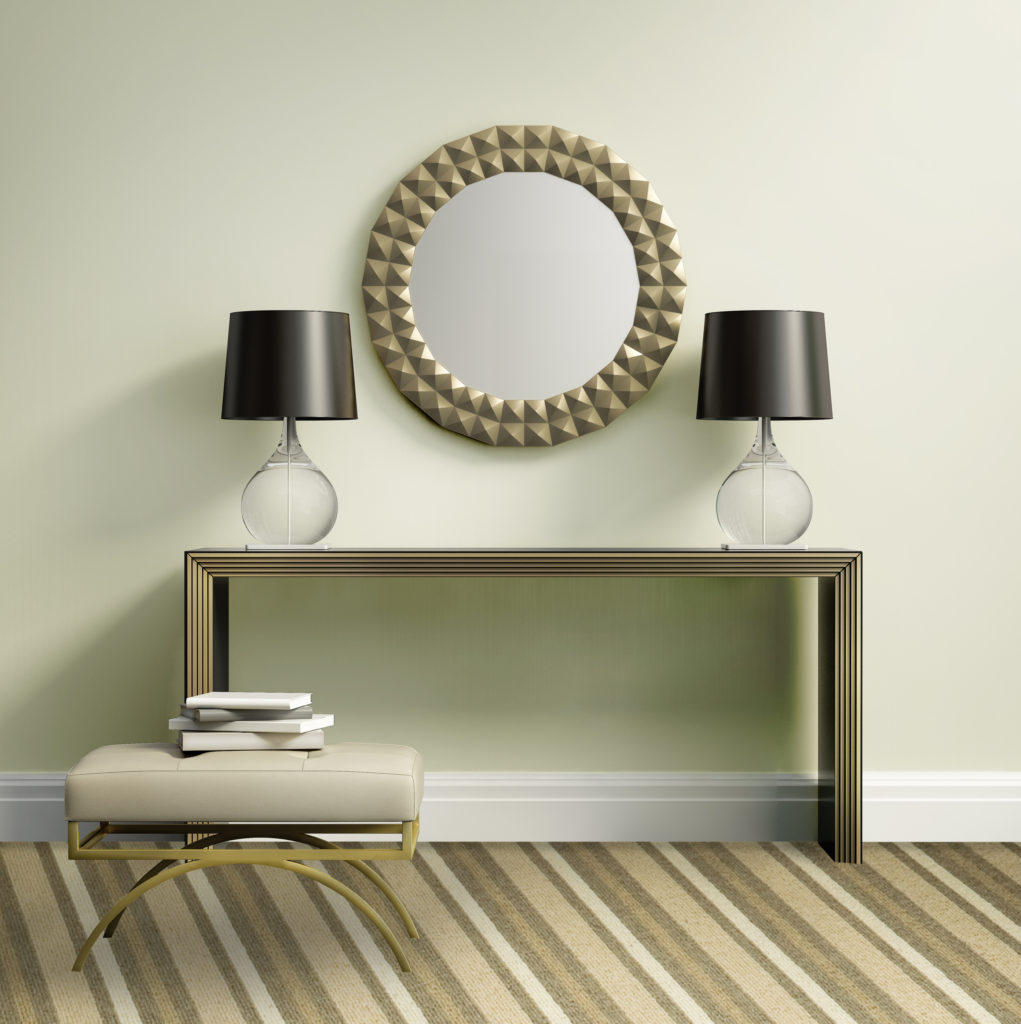 Chic elegant contemporary console table on lime wall