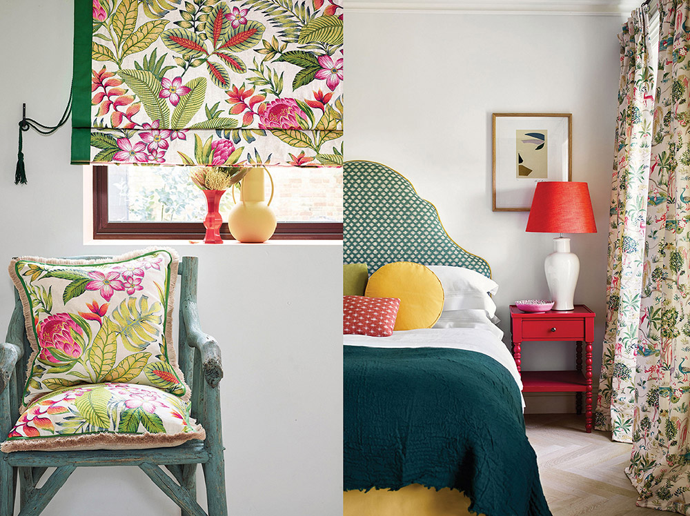 Image of a bedroom in fabrics by Jane Churchill, and blinds and cushions in Laly, (Hibiscus) by Manuel Canovas, H&H Jan-Feb22