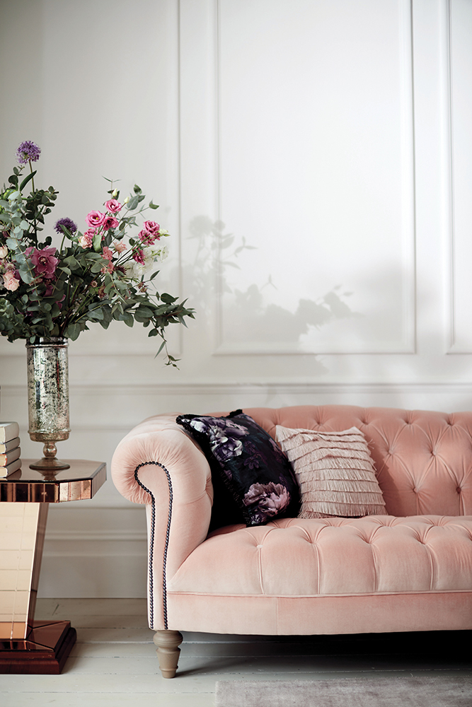 Image of Palace four-seater velvet sofa in blush from DFS