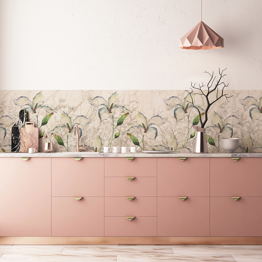 Image of Flower and marble kitchen wallpaper, Limelace.co.uk