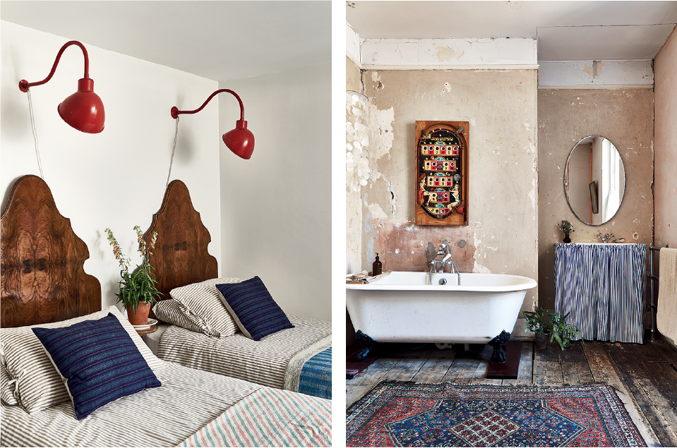 Images from Selina Lake's book Heritage Style of lights above classic beds and a distressed-style bathroom
