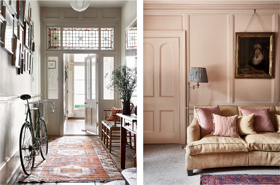 Images from Selina Lake's book Heritage Style of a high-ceilinged traditional hallway and a period living room