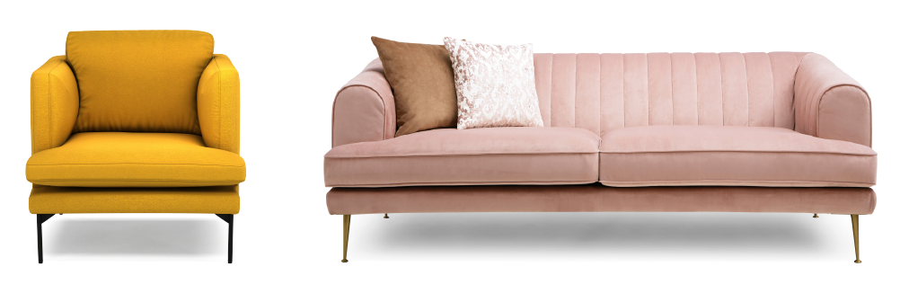 Image of DFS Enchanted 4-Seater Sofa in Sensual Velvet Blush, and So Simple Tom Chair in Simply Wool Look Vintage Mustard