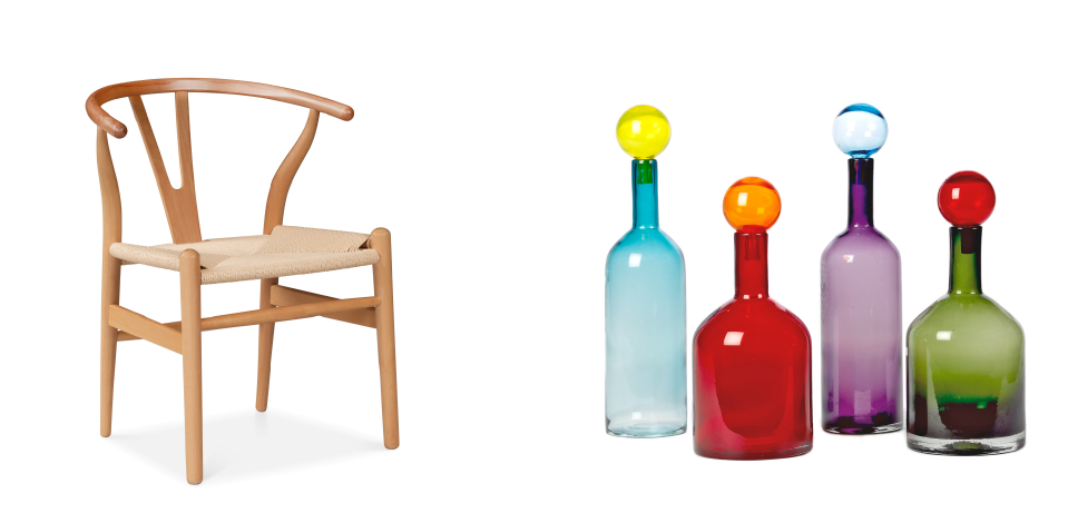 Image of Wishbone chair and Pols Potten glass bottles, House and Home Jan/Feb23