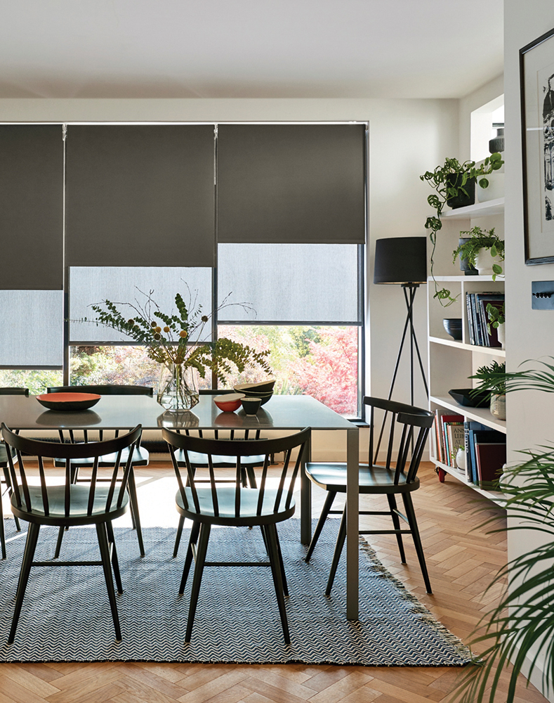 Image of double roller blinds from Blinds2Go in a dining room