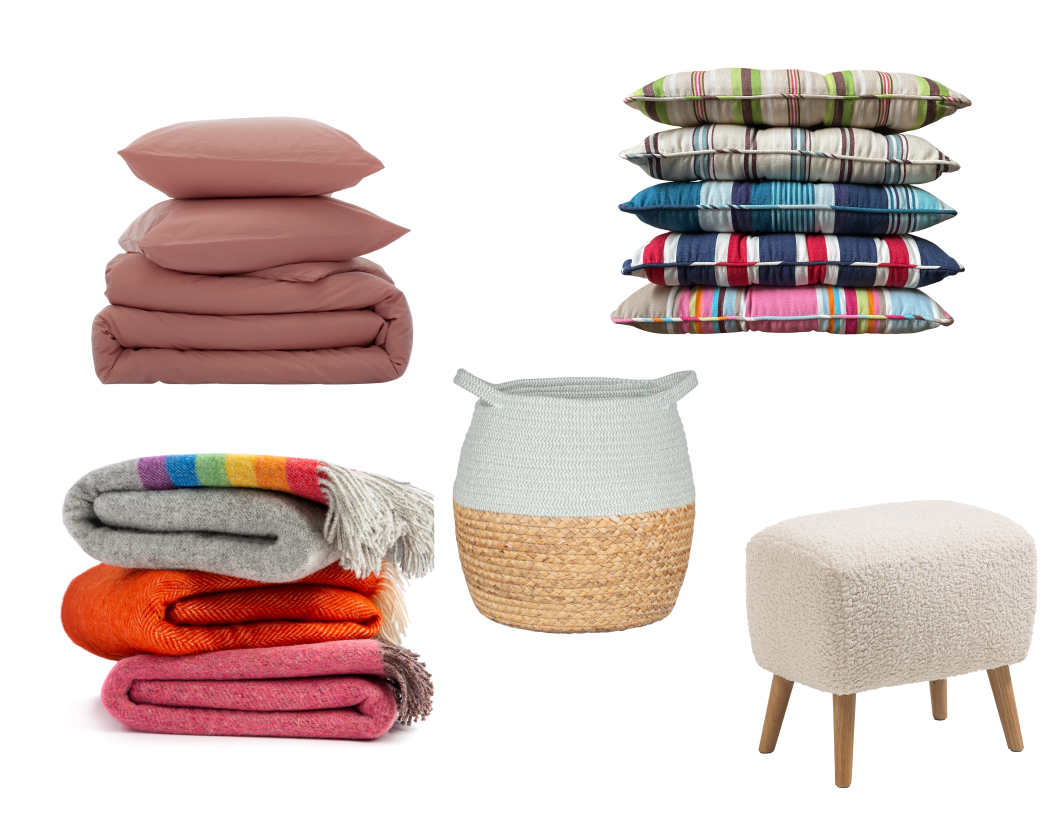 Image of various soft furnishings from Conscious Convert, The Stripe Company, Jsky, B M Stores, Orwell & Browne