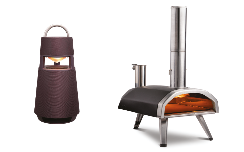 Images of the LG XBOOM 360 portable speaker and Ooni Karu 12 pizza oven