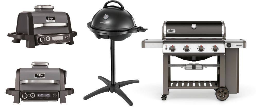 Ninja woodﬁre electric BBQ, Weber Genesis II E410, George Forman Indoor/Outdoor BBQ