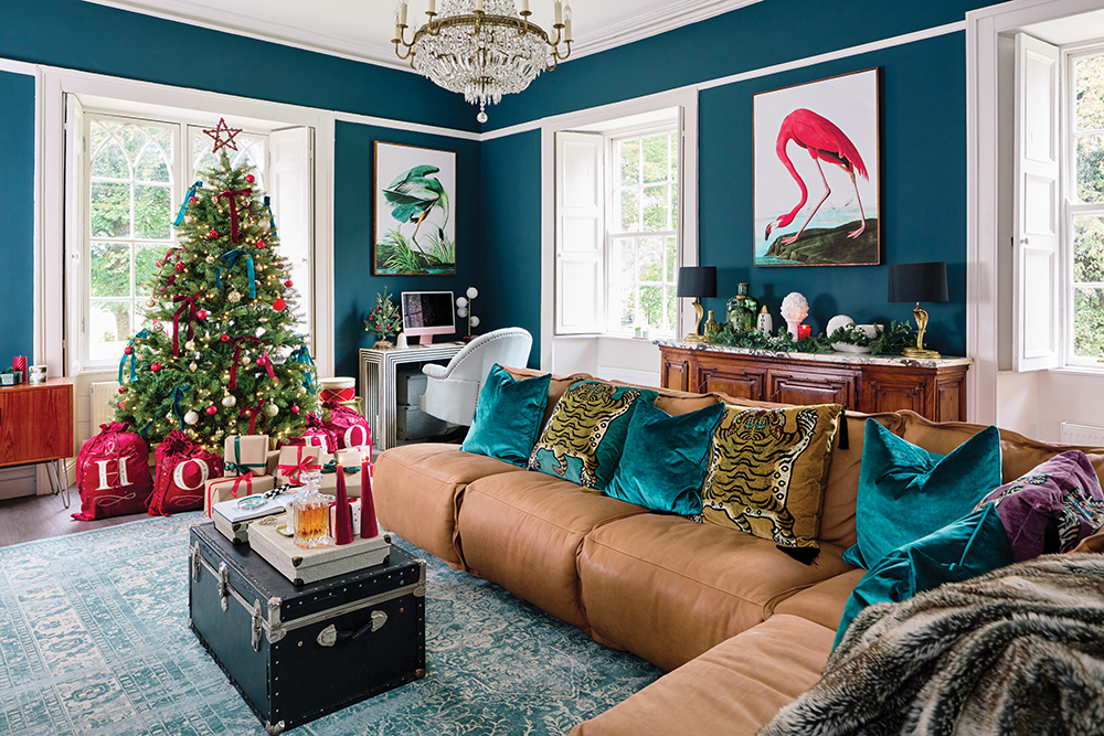 Image of the living room with a Christmas tree in Jen Connell's Limerick home