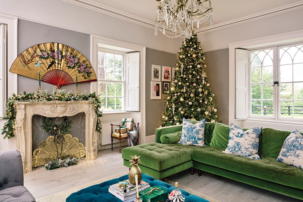 Image of the open-plan living room with a Christmas tree in Jen Connell's Limerick home