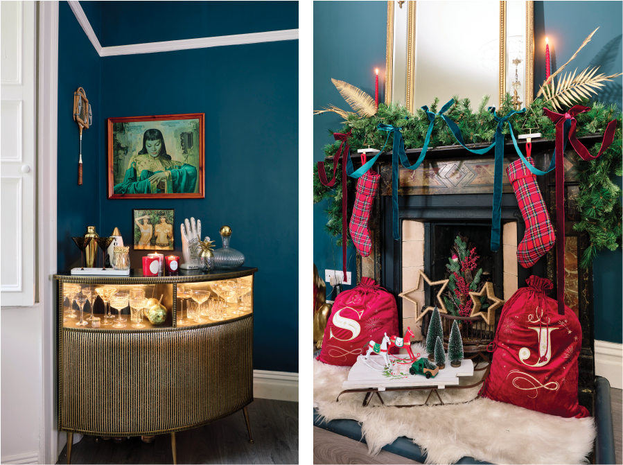 Images of the living room with a Christmas tree in Jen Connell's Limerick home