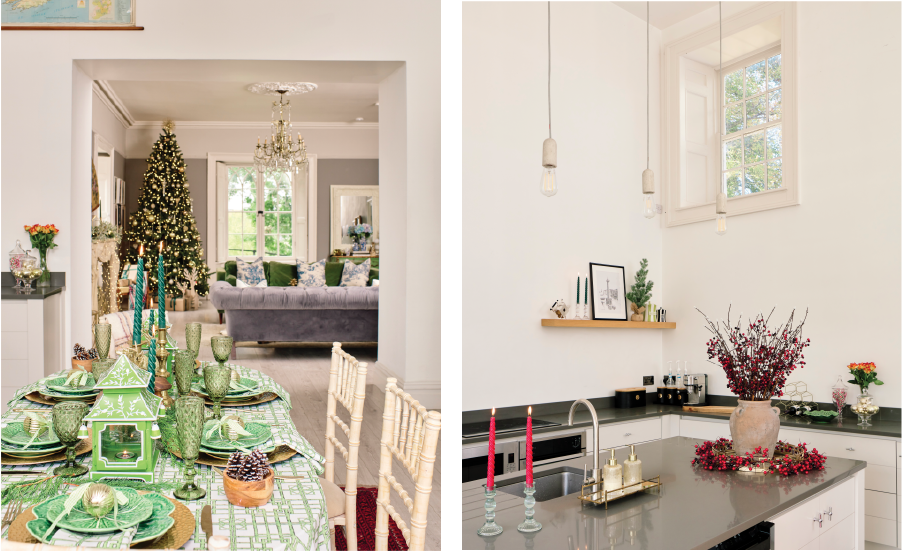 Images of the open-plan kitchen with a Christmas tree in Jen Connell's Limerick home