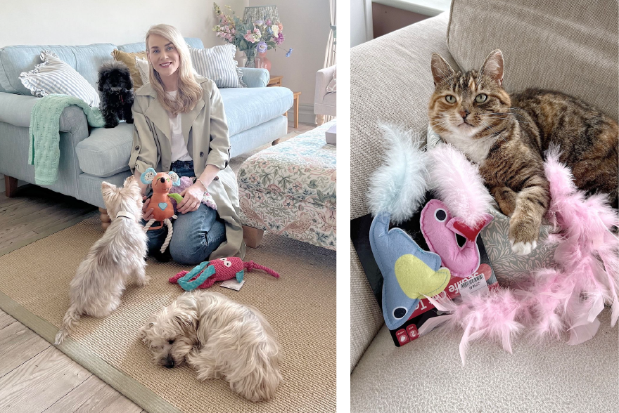 Image of Jessica Cunningham and her pets with pet products from Homesense
