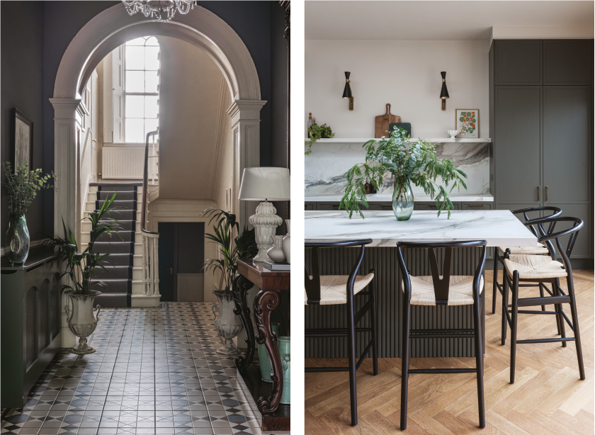 Images of the hallway and kitchen in a Wicklow home renovated by Alannah Monks