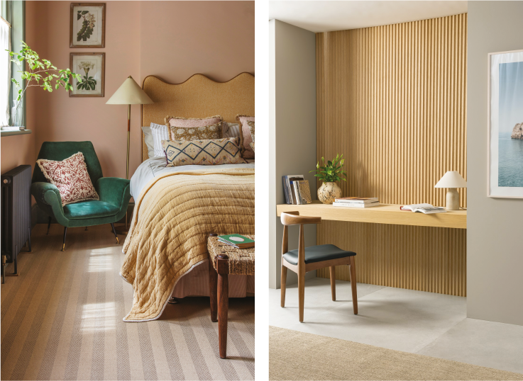 Image of flooring from Natural Flooring in a bedroom and borelle natural oak fluted wall panel, from Nature Wall