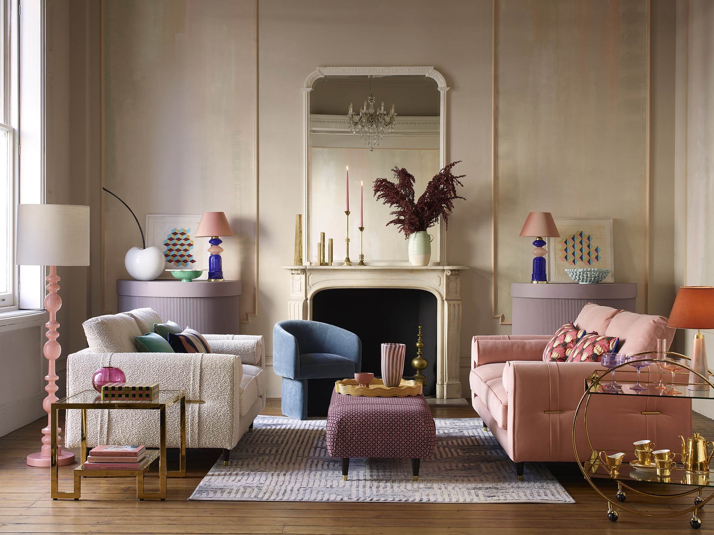 Ted-Baker-Highgate-2-Seater-Sofa-in-Cream-Kensington-Boucle-4-Seater-Sofa-in-Blush-Primrose-Velvet-exclusive-at-DFS