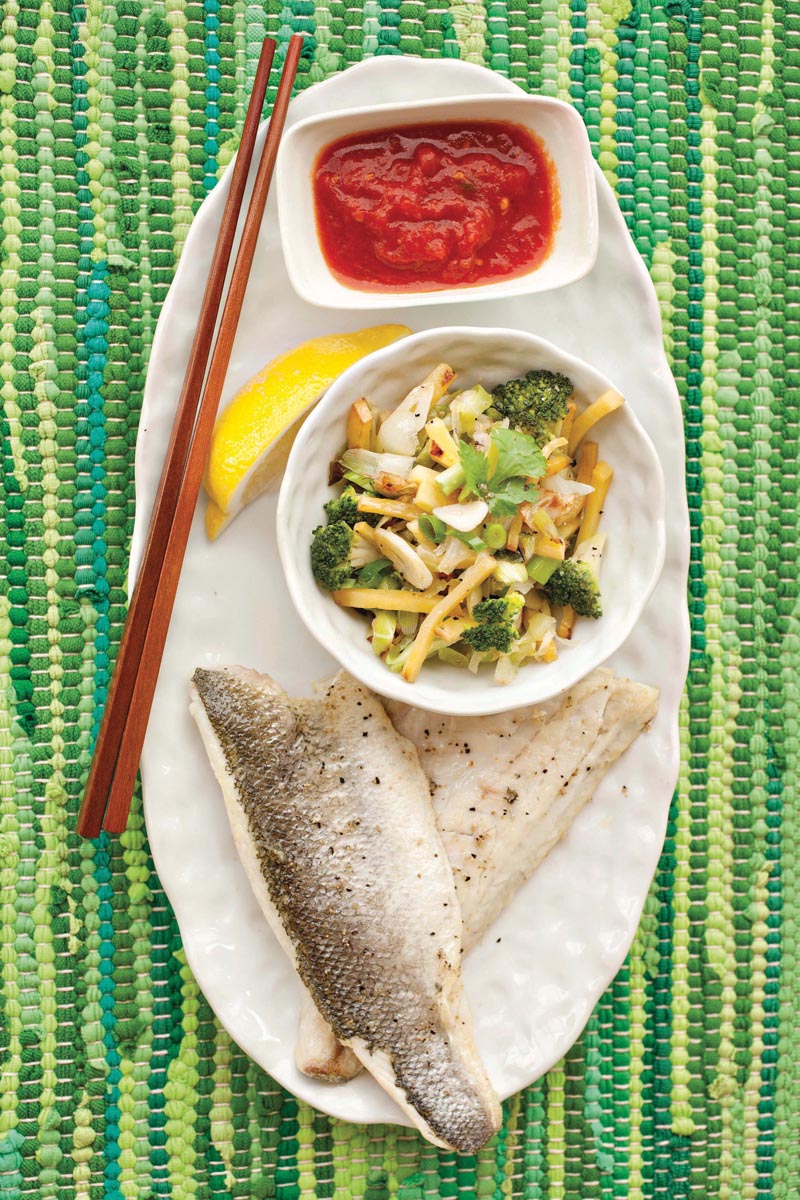 Sea bass with stir-fry vegetables