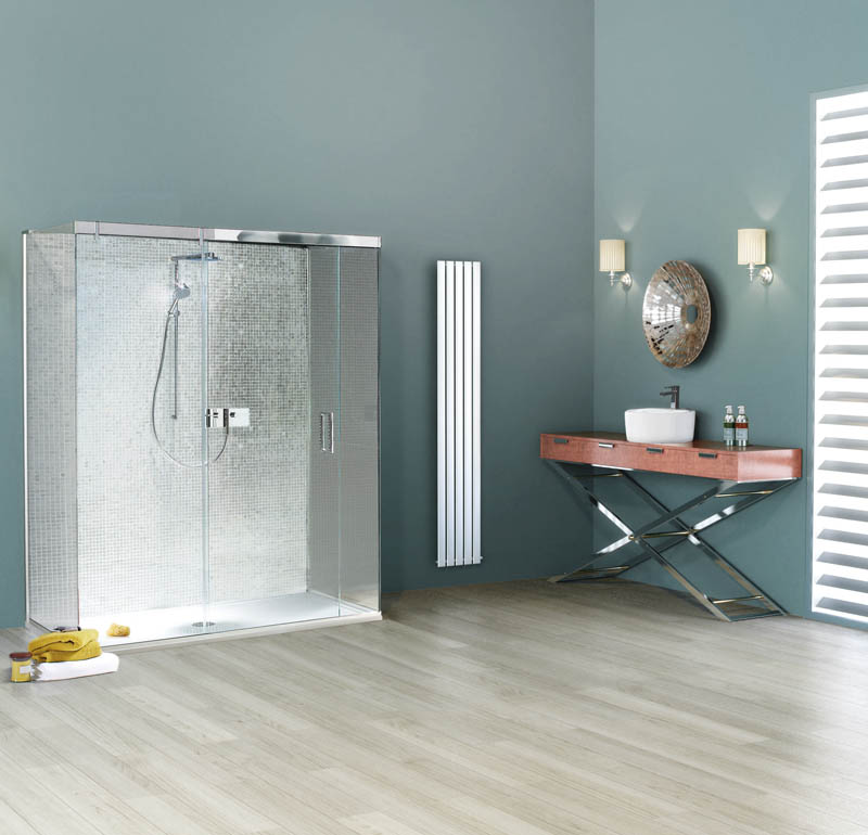 aqua bathroom with freestanding shower