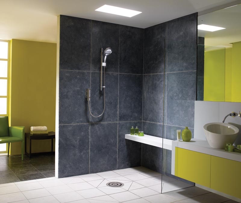 chartreuse and slate wet room bathroom